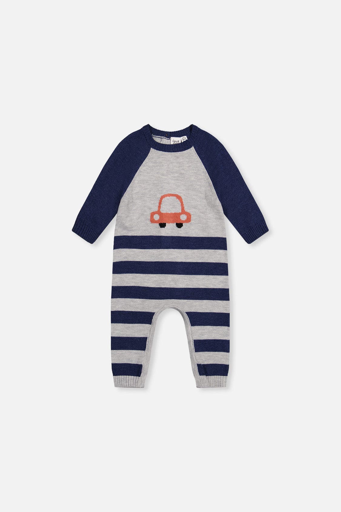 Deux Par Deux Babies'  Knitted Intarsia Car Raglan Sleeve Romper In Blue And Orange