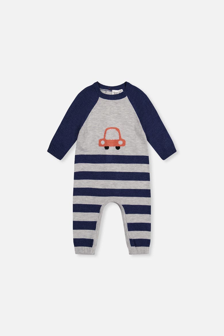 Knitted Intarsia Car Raglan Sleeve Romper, Main, color, Blue and Orange