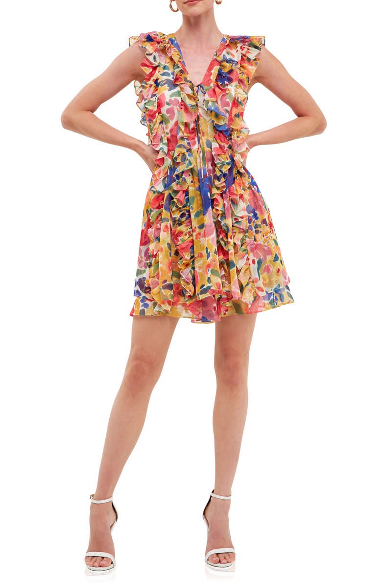 Endless Rose Ruffle Floral Chiffon Minidress, Main, color, Multi