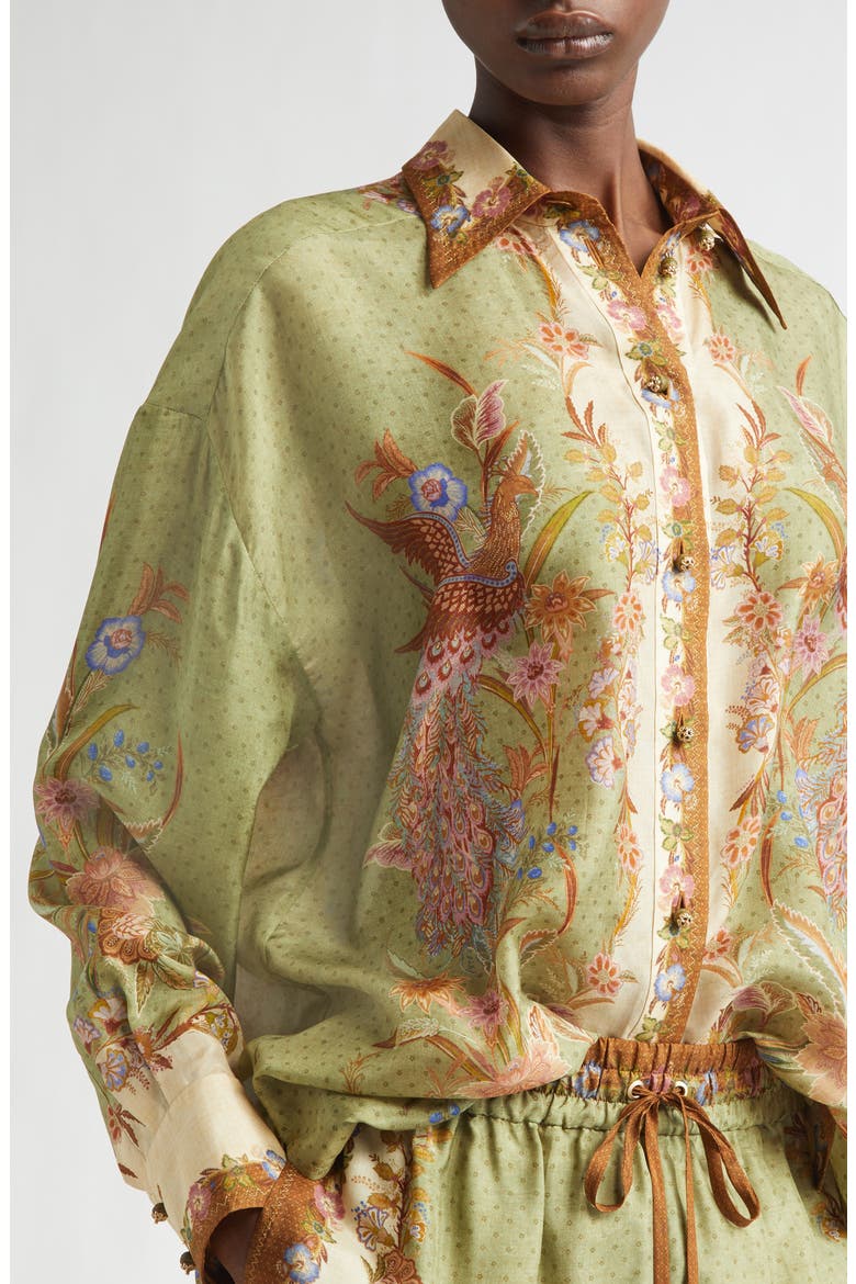 Indra Placed Print Relaxed Fit Silk Button-Up Shirt, Alternate, color, KHAKI SCARF FLORAL