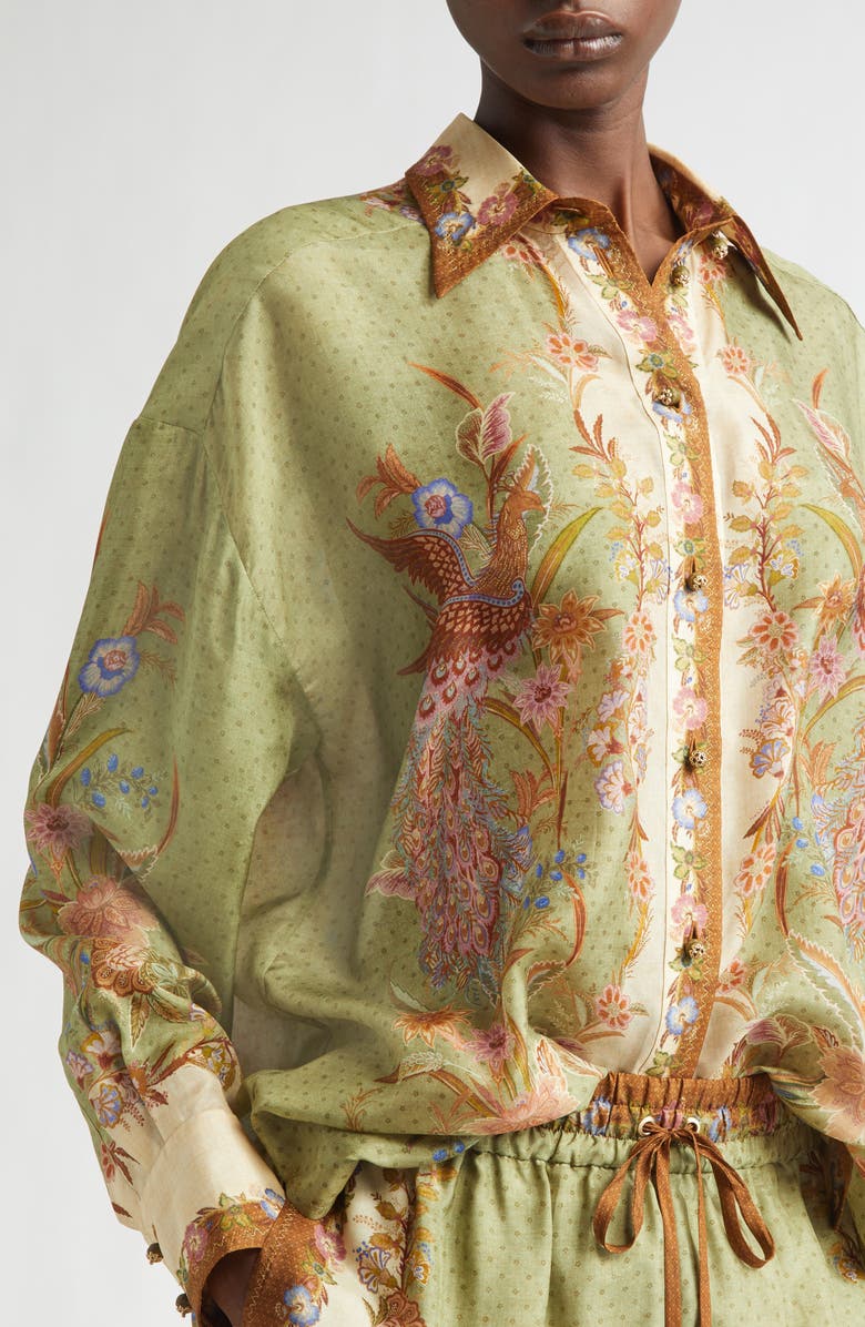 Zimmermann Indra Placed Print Relaxed Fit Silk Button-Up Shirt, Alternate, color, Khaki Scarf Floral