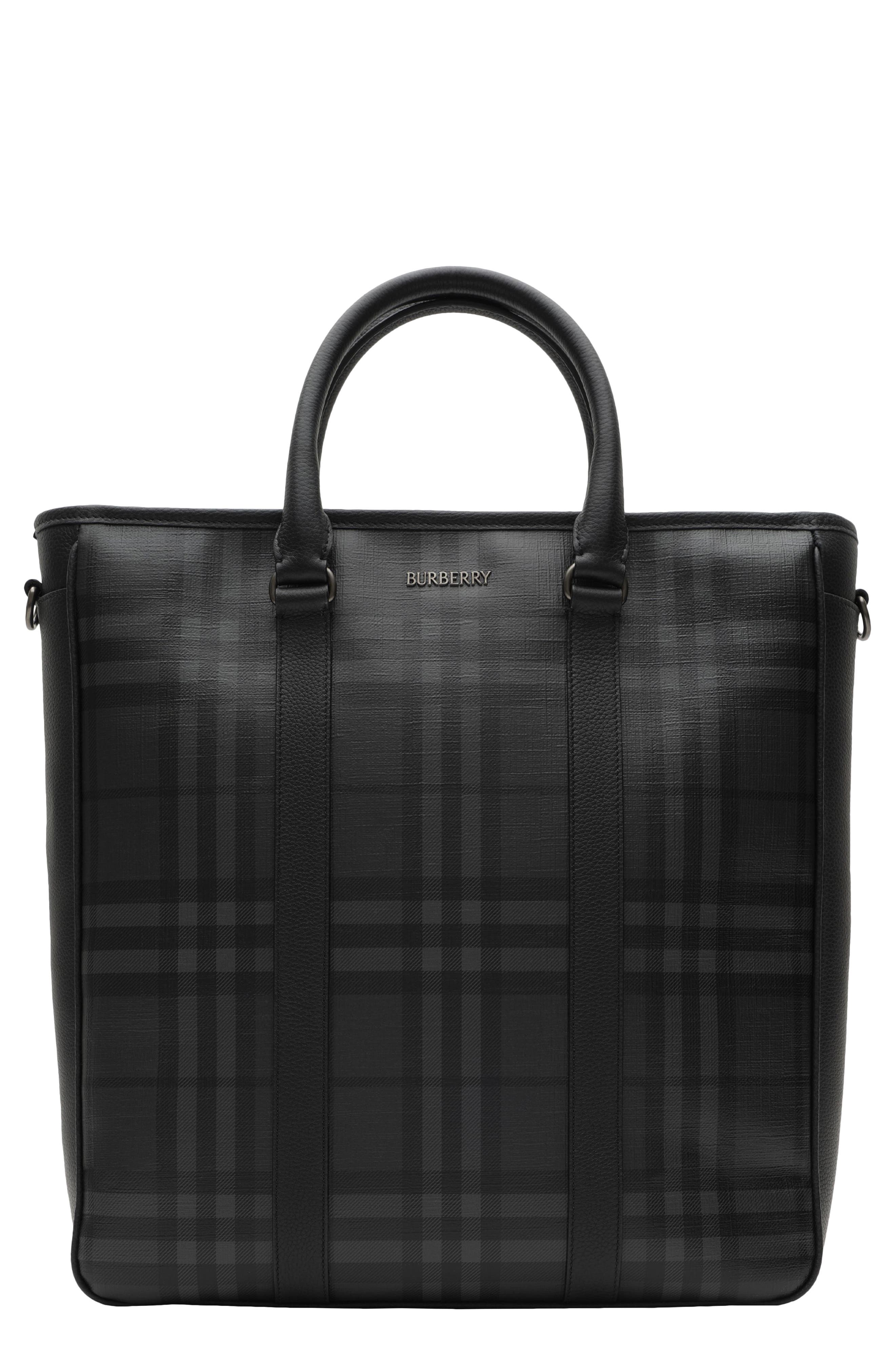 Check Tote with Leather Trim, Main, color, IRON