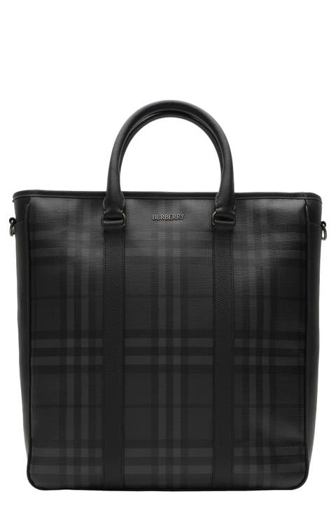 Check Tote with Leather Trim