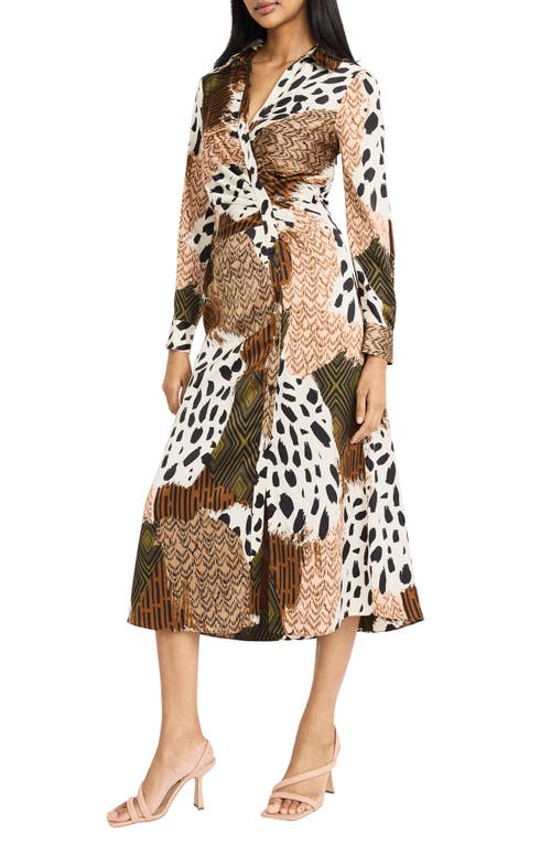 Donna Morgan For Maggy Mix Print Asymmetric Shirtdress In Cinnamon/deep Olive