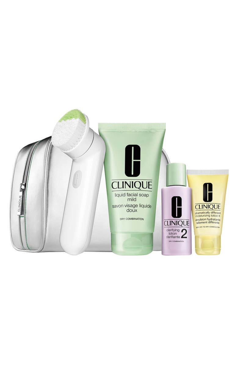 Clinique 'Cleansing by Clinique' Sonic Skincare Set for Dry to Dry Combination Skin, Main, color, 