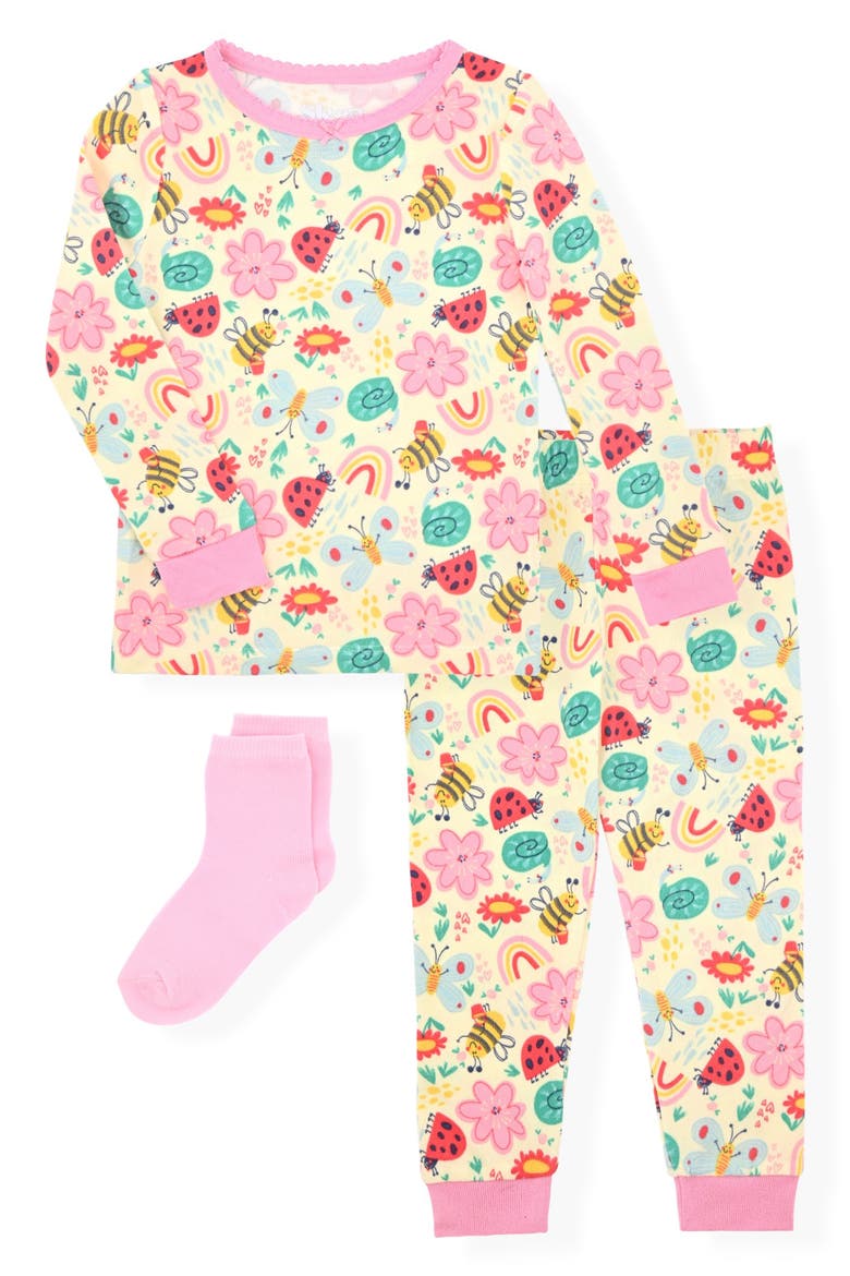 Kids' Insect Fitted Two-Piece Pajamas & Socks Set, Main, color, YELLOW MULTI