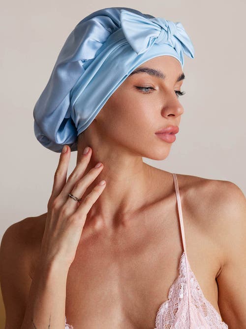 Silksilky Pure Silk Bowknot Tie Bonnet In Blue