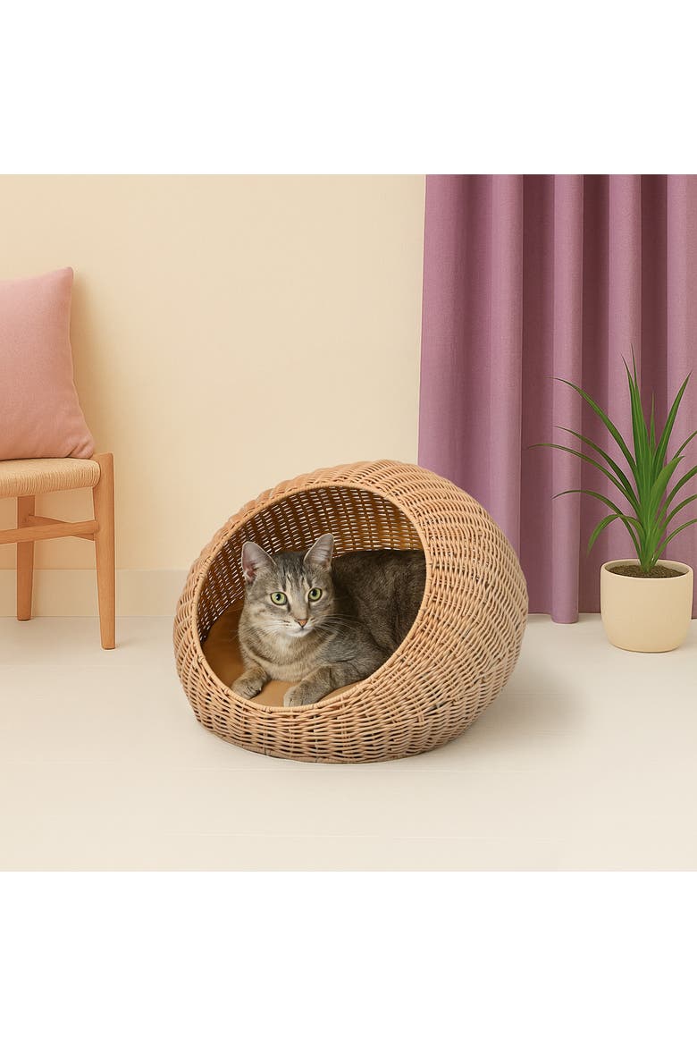 Fiora 19.5" x 18" Modern Circular Faux Wicker Pet Bed with Machine-Washable Cushion, Alternate, color, Natural