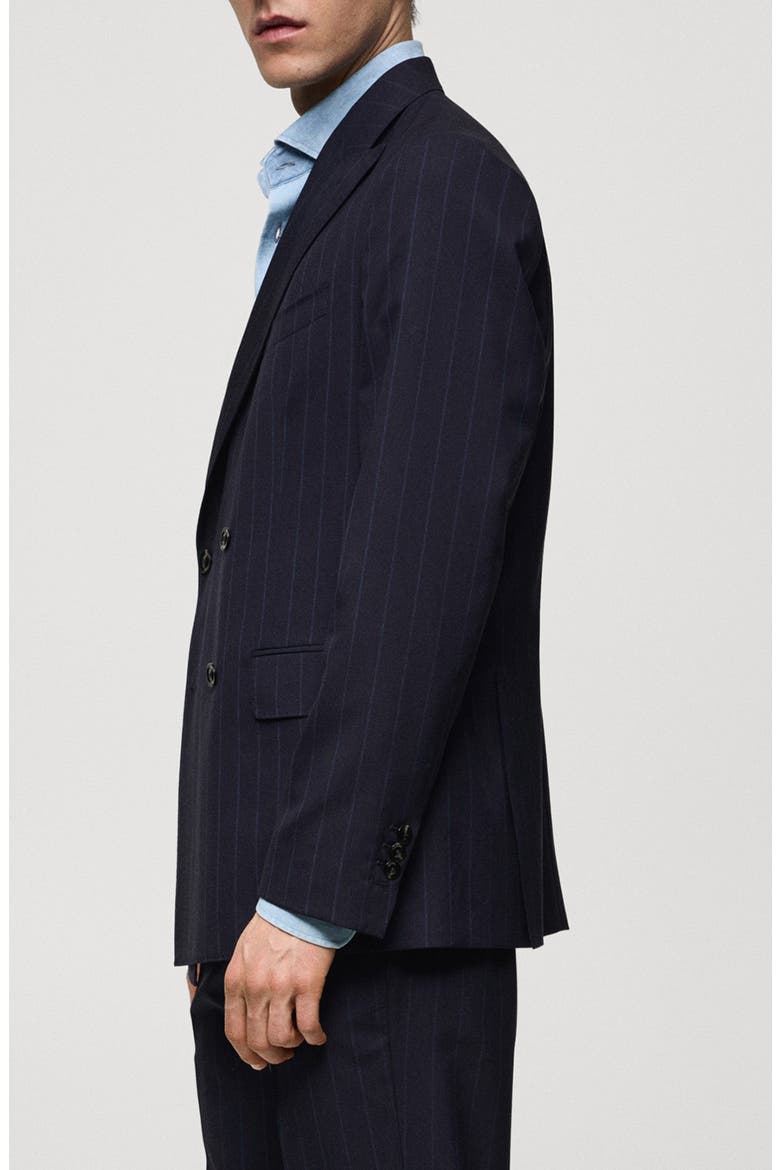 Double Breasted Pinstripe Virgin Wool Blazer, Alternate, color, DARK NAVY