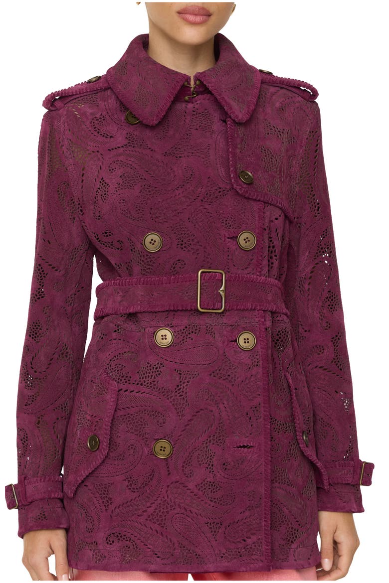 Short Paisley Suede Foxfield Trench Coat, Main, color, Allium purple