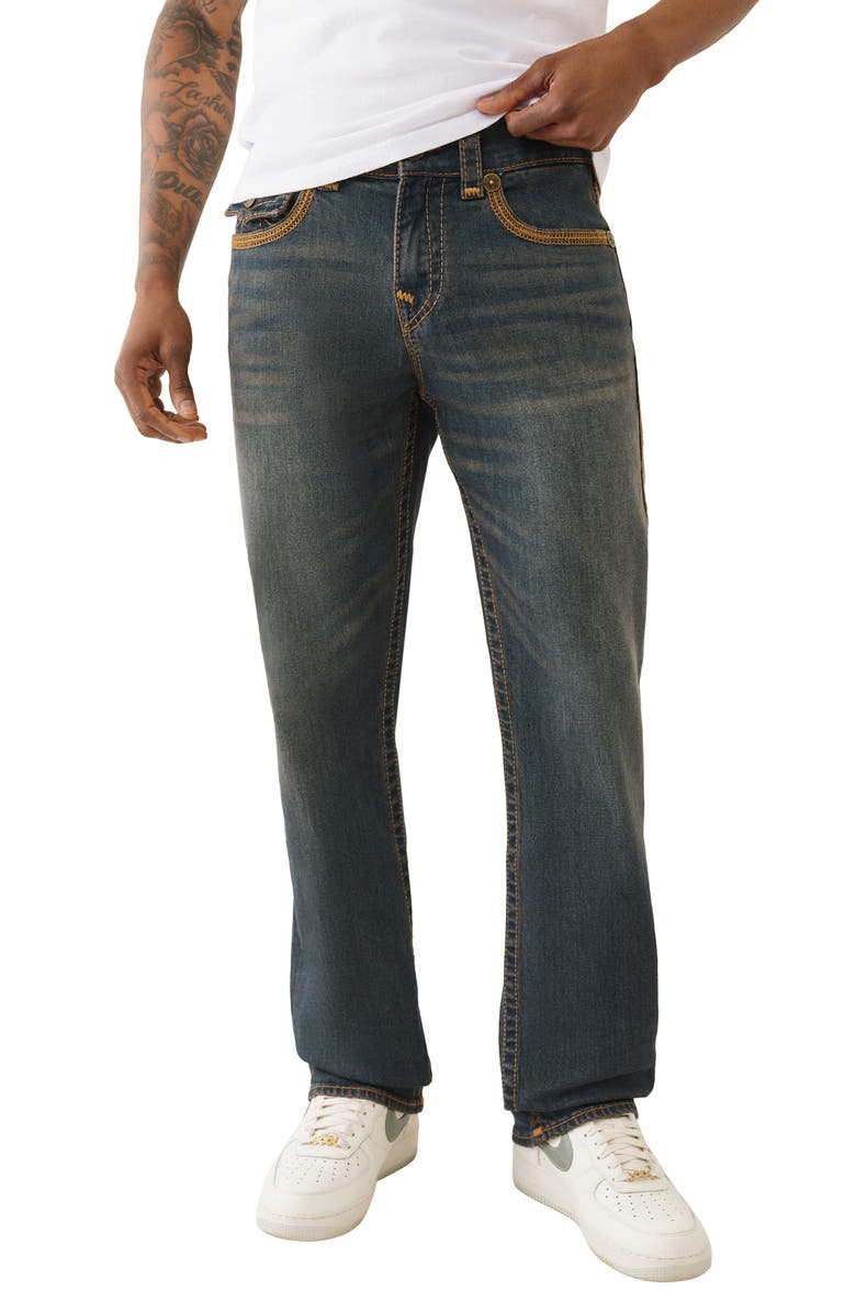 True Religion Ricky Super T Flatlock Straight Leg Jeans, Main, color, Greenland Dark Wash