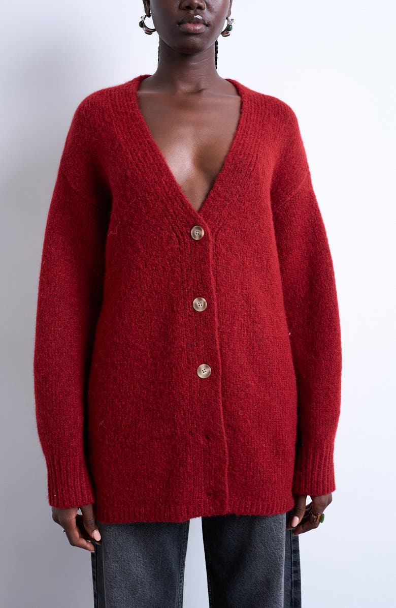 Topshop Easy V-Neck Longline Cardigan, Main, color, Red