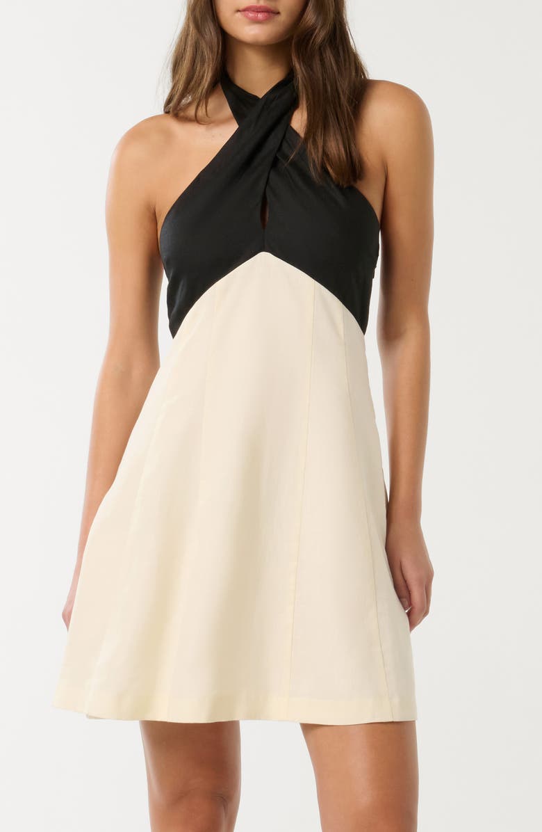 Ever New Lea Contrast Detail Halter Neck Linen Minidress, Main, color, Cream/ Black