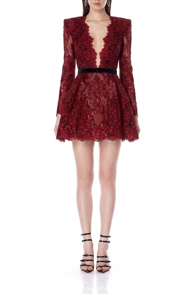 Long Sleeve Lace Minidress, Main, color, BURGUNDY