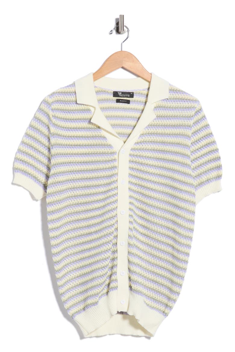 Striped Button Front Short Sleeve Knit Polo, Main, color, CREAM