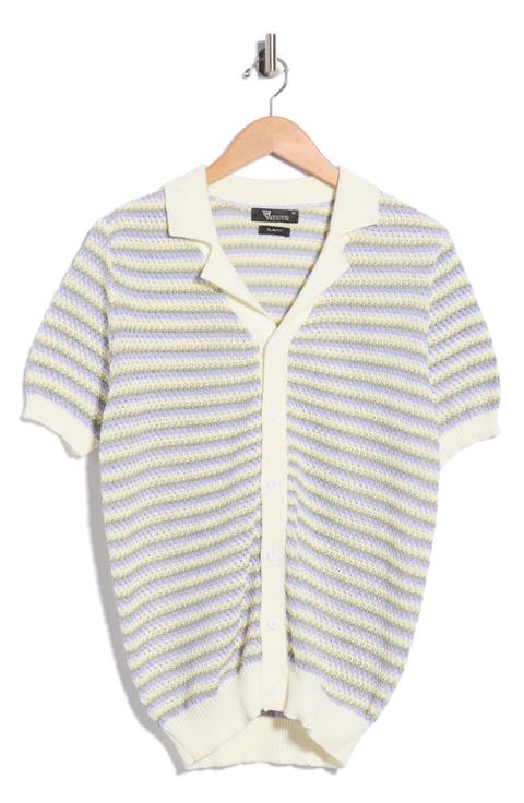 Striped Button Front Short Sleeve Knit Polo