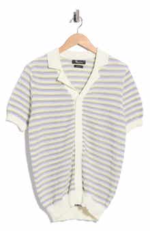 Striped Button Front Short Sleeve Knit Polo