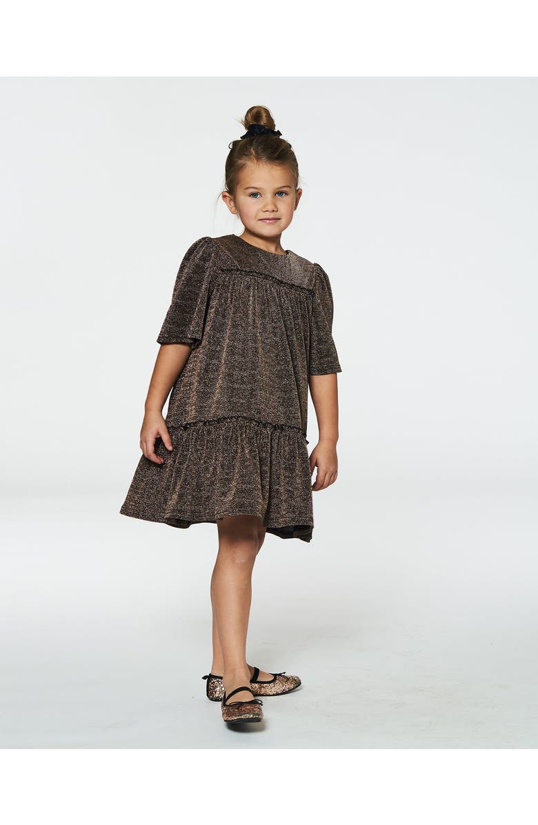 Deux par Deux Girl's Short Sleeve Metallic Dress With Frills Golden Brown, Alternate, color, 