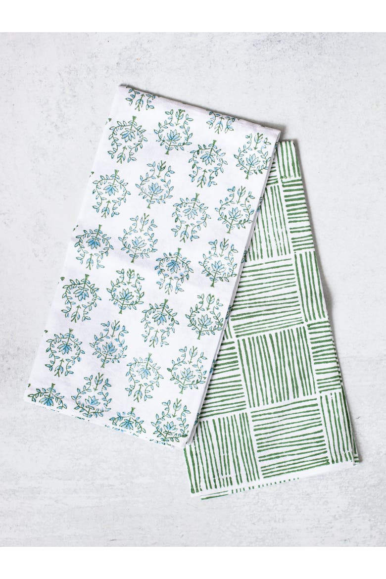 Tea Towel Set - Lotus & Stripe, Alternate, color, Sage