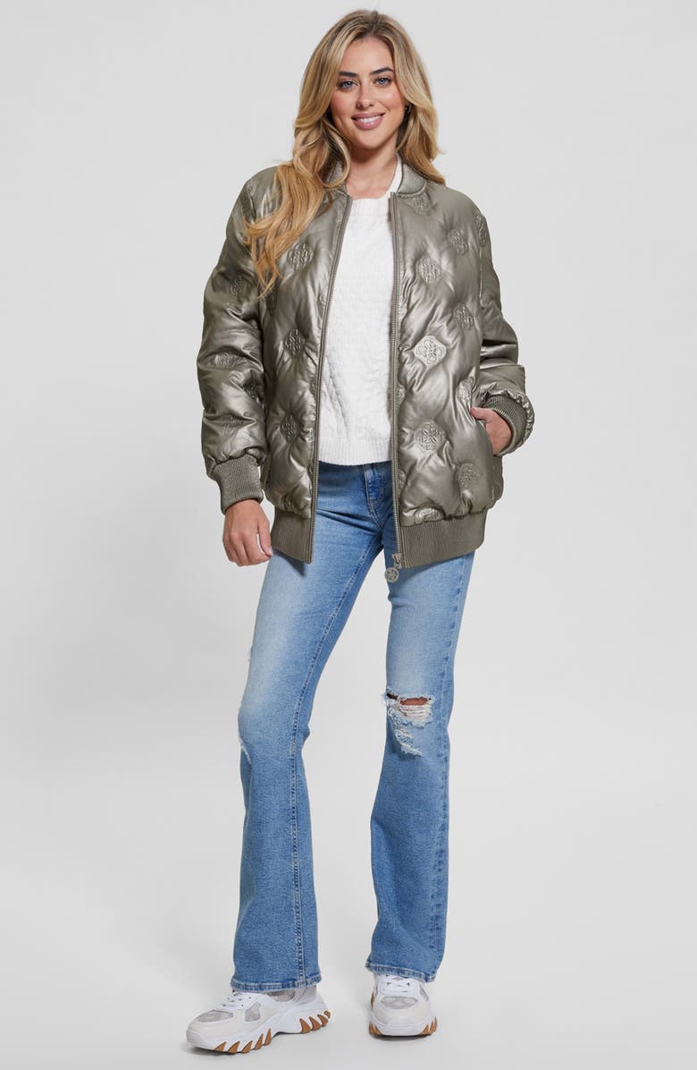 GUESS Marianne Peony Metallic Faux Leather Quilted Bomber, Alternate, color, 