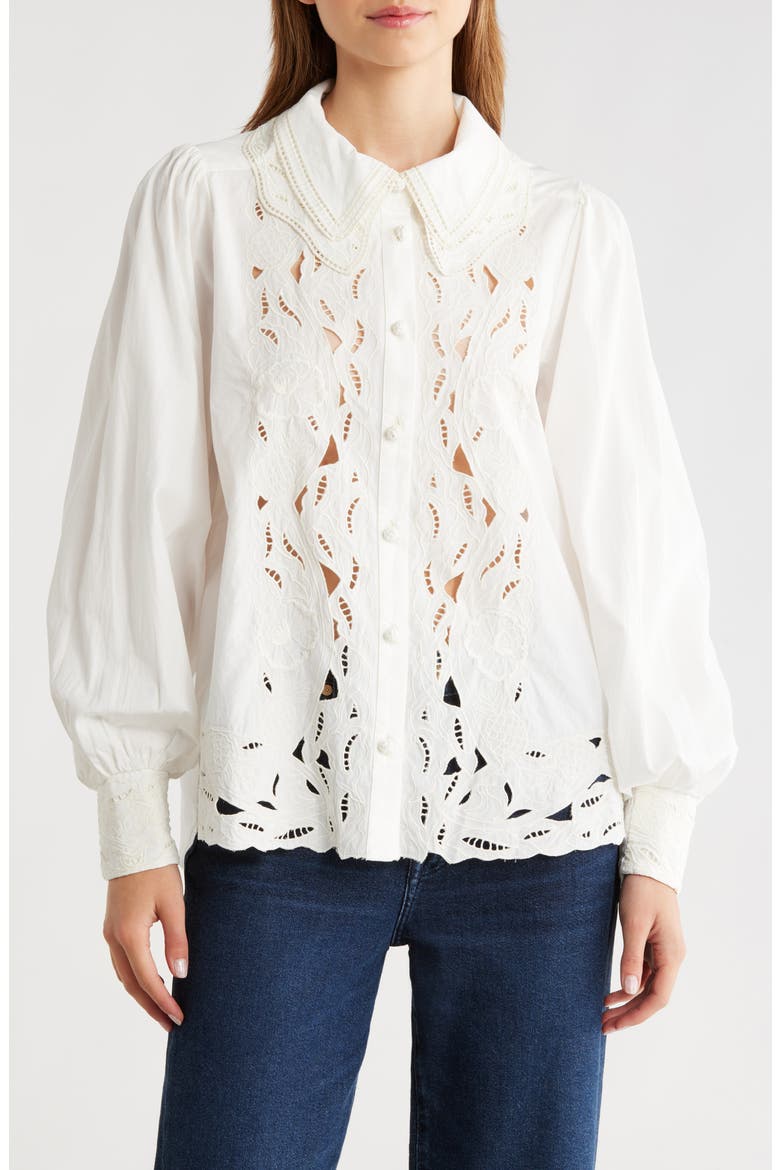Embroidered Eyelet Puff Sleeve Button-Up Shirt, Main, color, OFF-WHITE