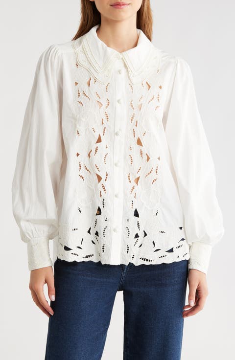 Embroidered Eyelet Puff Sleeve Button-Up Shirt