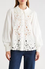 FARM Rio Embroidered Eyelet Puff Sleeve Button-Up Shirt