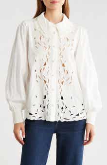 FARM Rio Embroidered Eyelet Puff Sleeve Button-Up Shirt