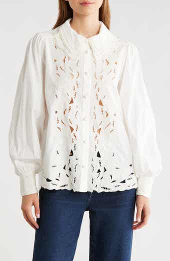 FARM Rio Embroidered Eyelet Puff Sleeve Button-Up Shirt