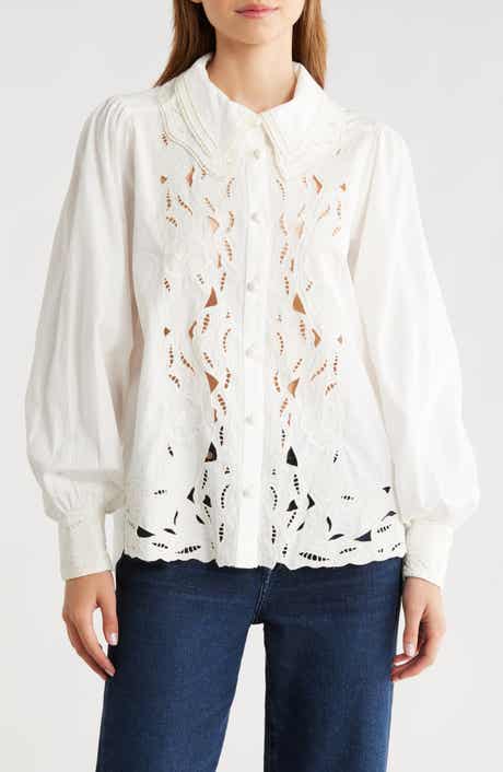 FARM Rio Embroidered Eyelet Puff Sleeve Button-Up Shirt