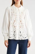 FARM Rio Embroidered Eyelet Puff Sleeve Button-Up Shirt