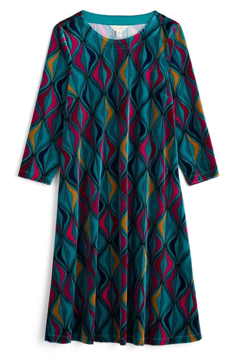 Mahonia Print Velvet Shift Dress, Alternate, color, FESTIVE RIBBONS DARK JADE