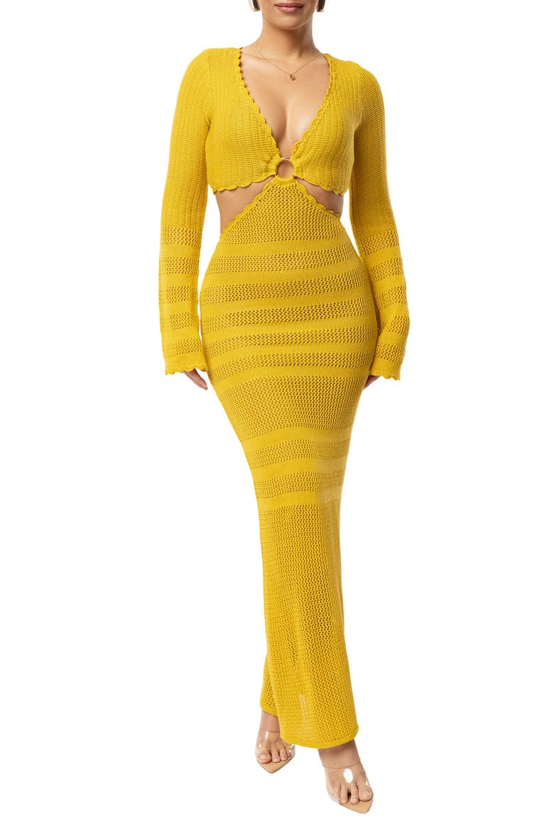 Blossom Haven Open Stitch Long Sleeve Knit Maxi Dress, Main, color, YELLOW