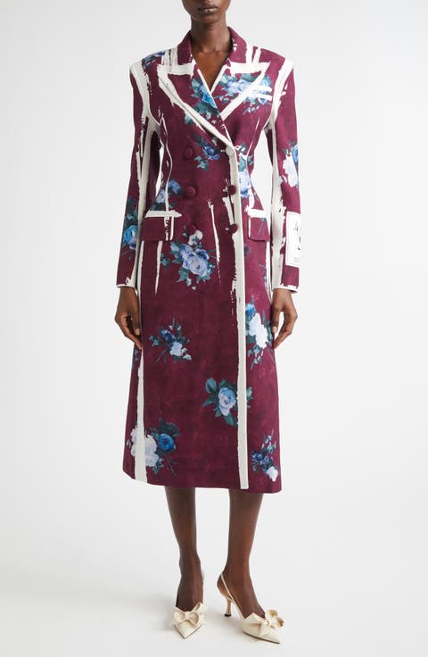 Abstract Rose Print Double Breasted Hourglass Coat