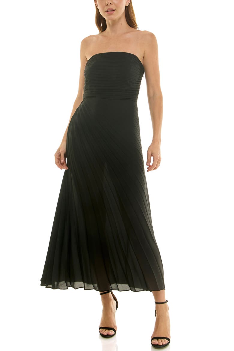 Strapless Pleated Chiffon Maxi Dress, Alternate, color, VERY BLACK