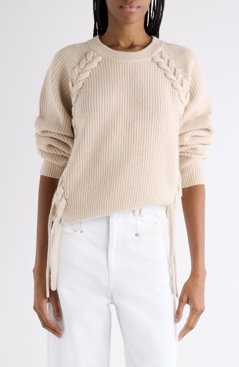 Isabel Marant Tulliam Lace-Up Detail Merino Wool & Cashmere Blend Crewneck Sweater, Main, color, Anthracite