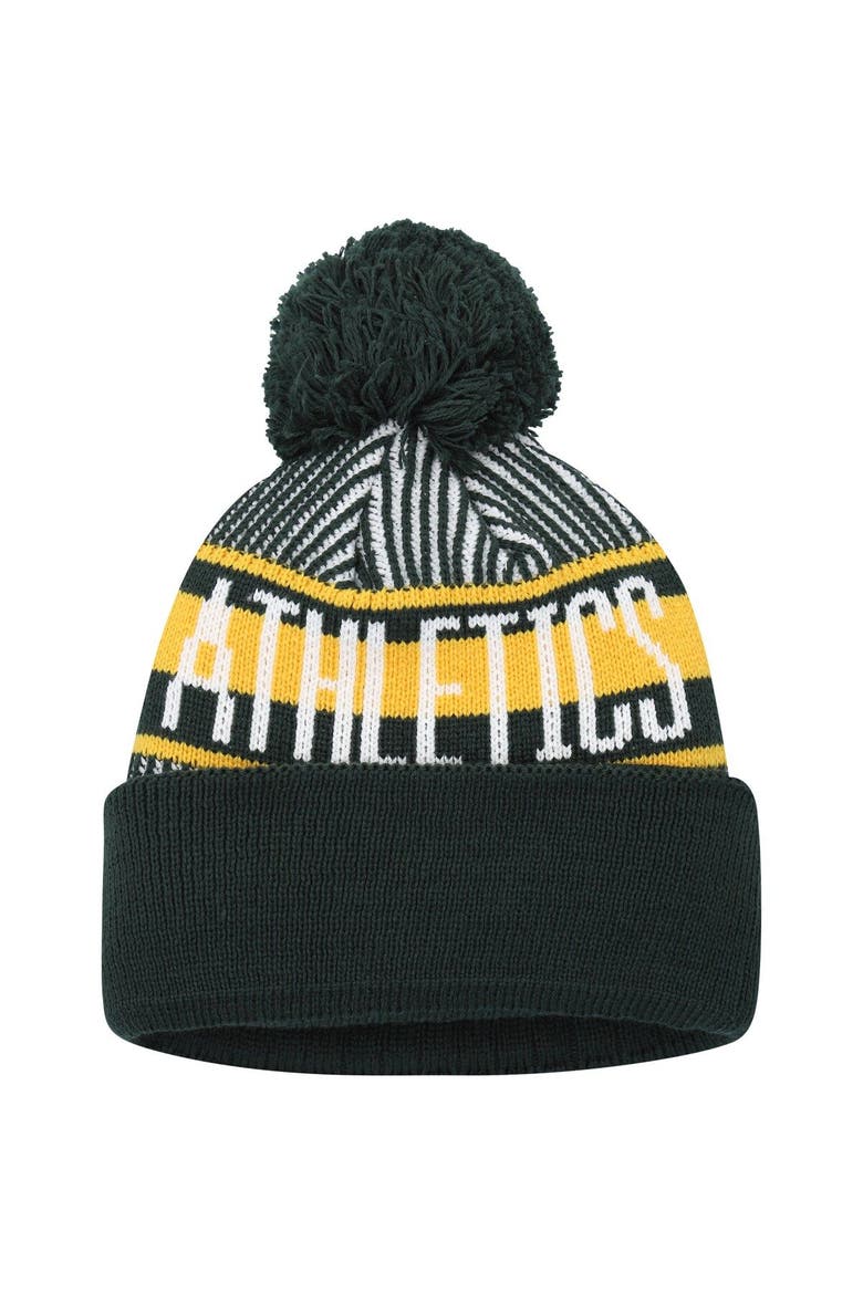 Youth New Era Green Oakland Athletics Striped Cuffed Knit Hat with Pom, Alternate, color, Green
