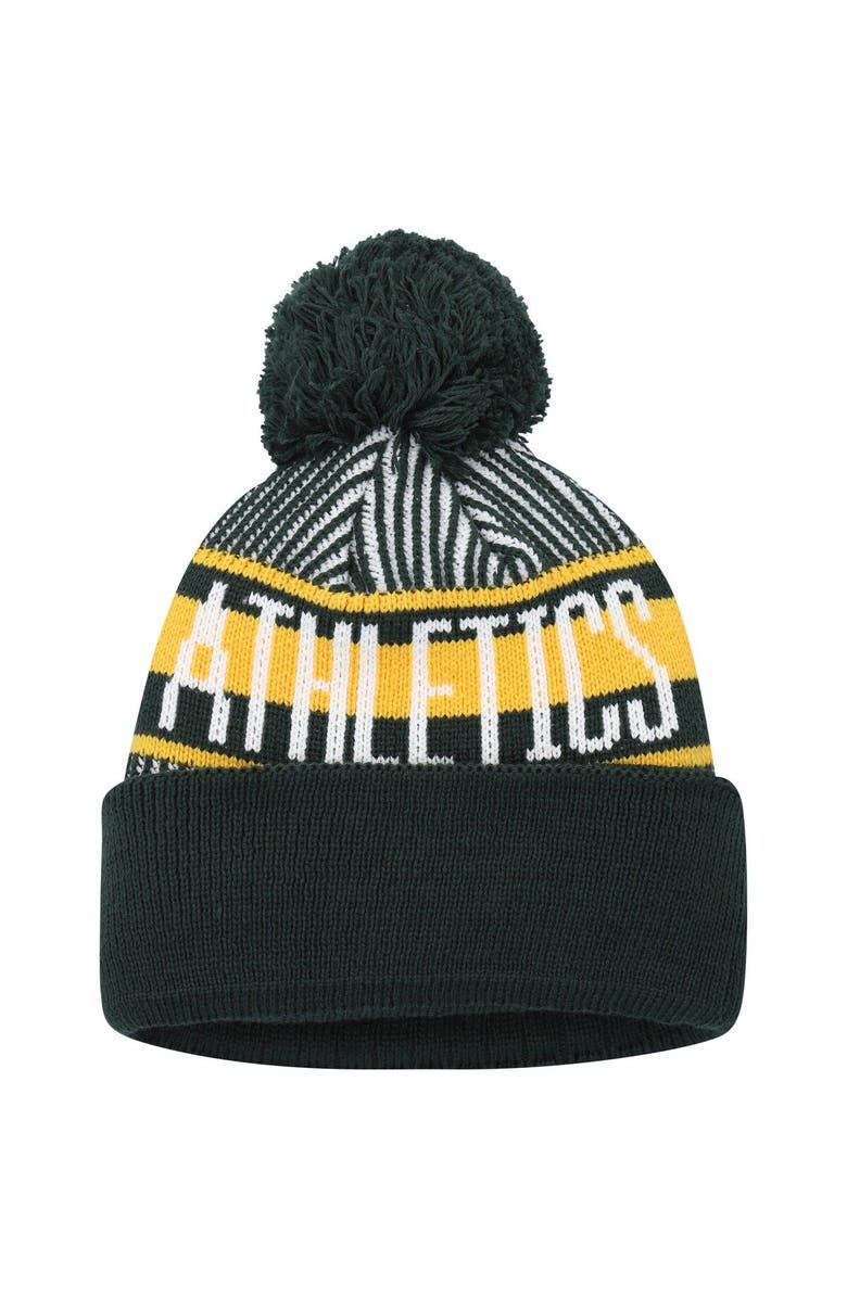 New Era Youth New Era Green Oakland Athletics Striped Cuffed Knit Hat with Pom, Alternate, color, Green