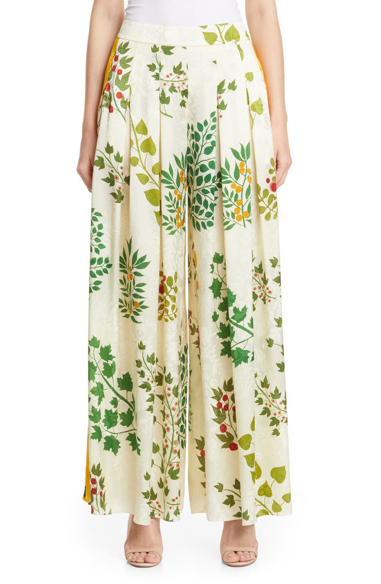 Oscar de la Renta Botanical Branches Wide Leg Silk Jacquard Pants, Main, color, 