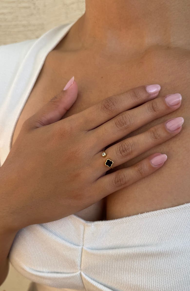 Adornia Black Clover & Crystal Open Band Ring, Alternate, color, Gold