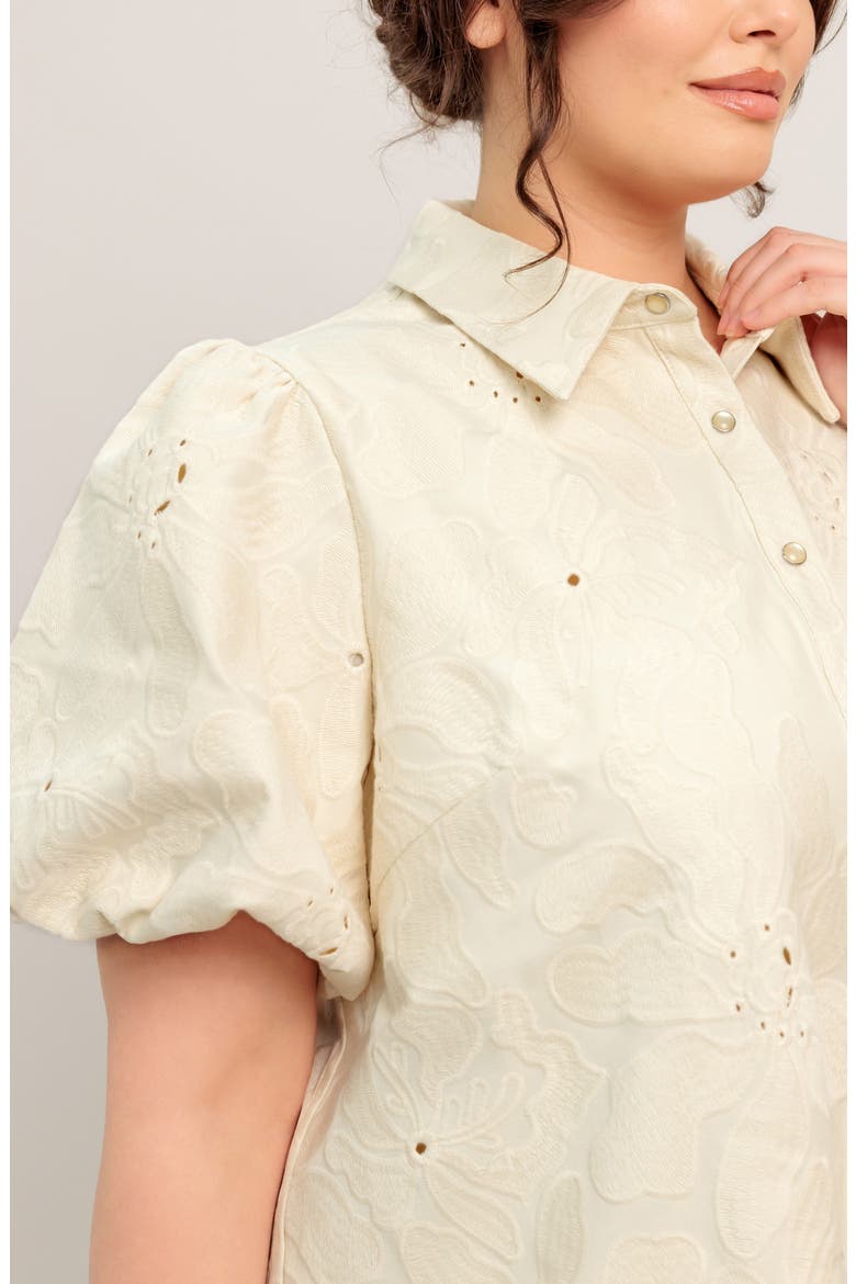 Floral Textured Puff Sleeve Cotton Shirtdress, Alternate, color, CREAM
