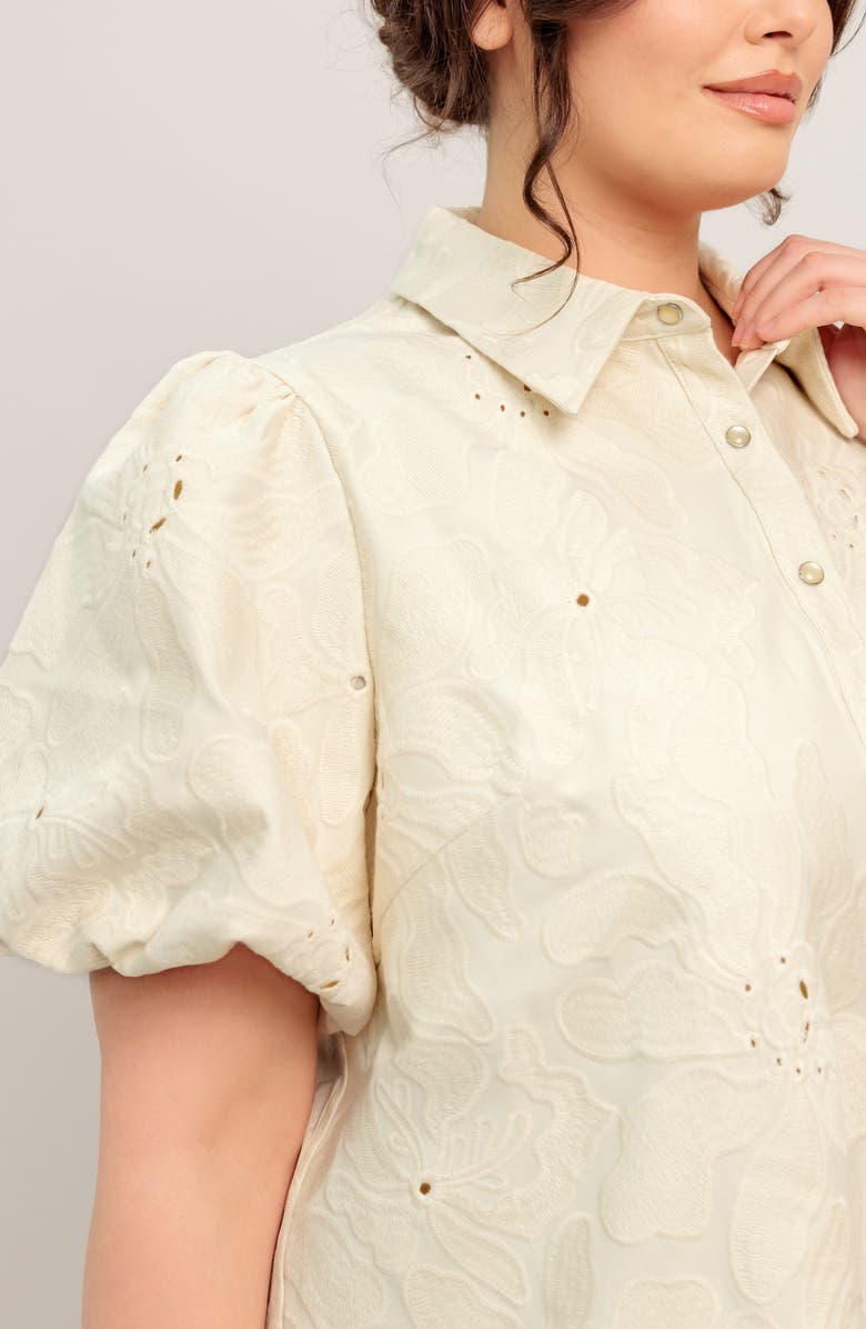 FLYING TOMATO Floral Textured Puff Sleeve Cotton Shirtdress, Alternate, color, Cream
