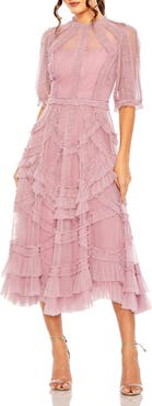 Mac Duggal Women's Illusion High Neck Tiered Ruffle A-Line Midi Dress