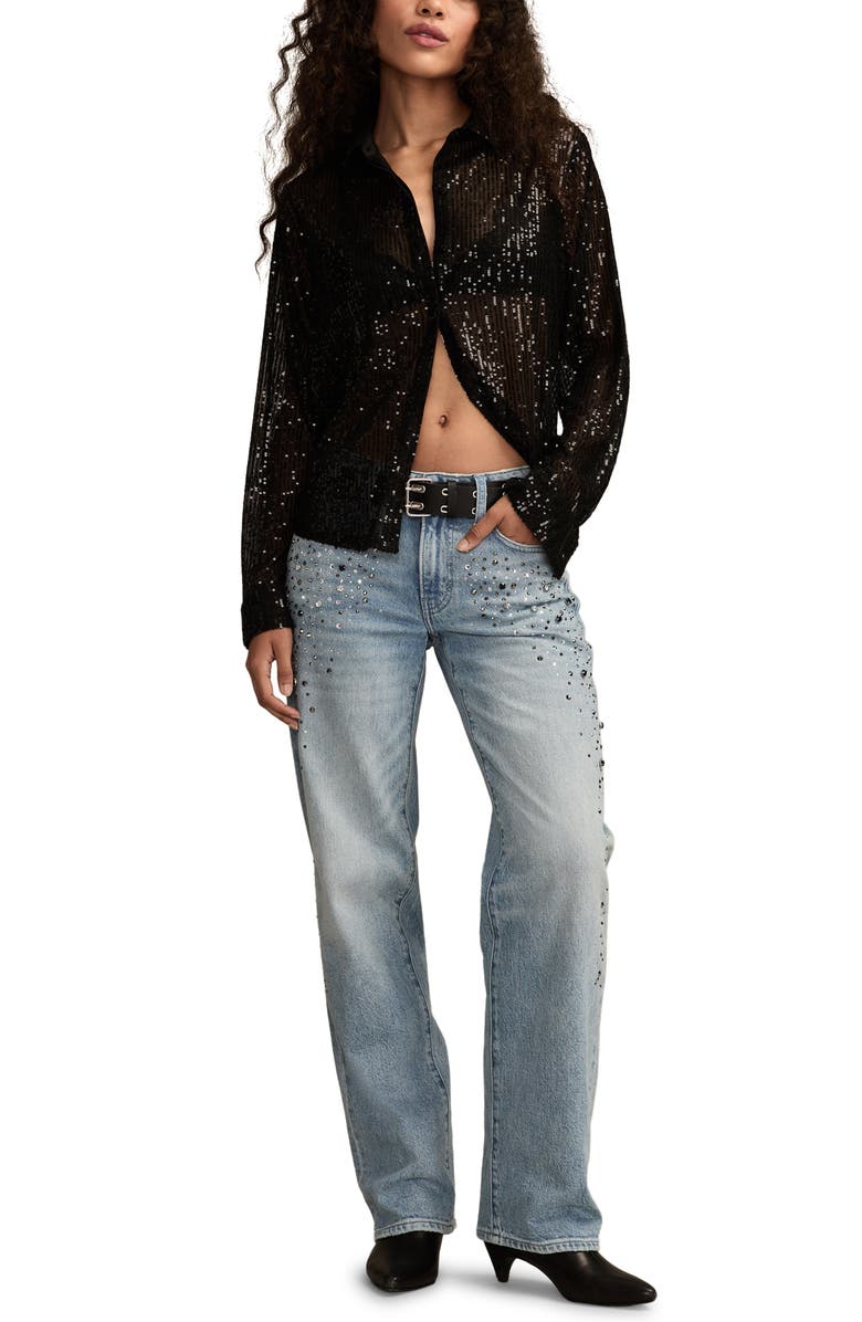 Lucky Brand Sheer Sequin Shirt, Alternate, color, Caviar