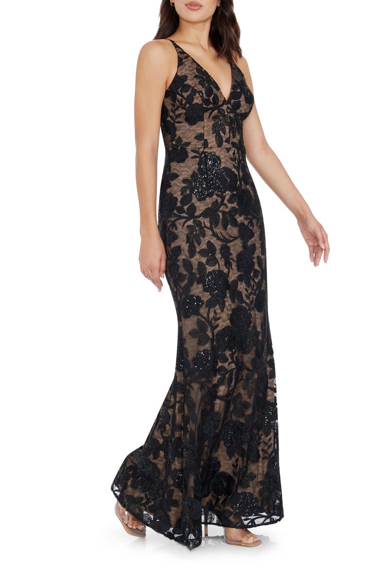 Sharon Floral Sequin Sleeveless Mermaid Gown, Alternate, color, BLACK MULTI