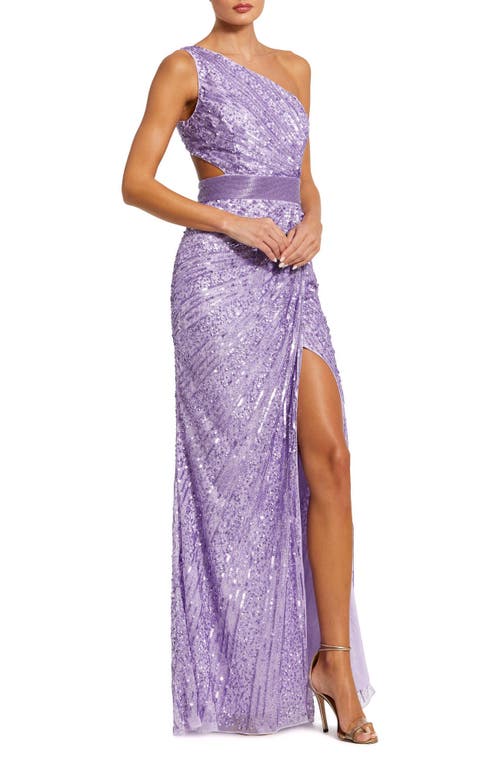 Mac Duggal Sequined One Shoulder Draped Lace Up Gown In Lilac