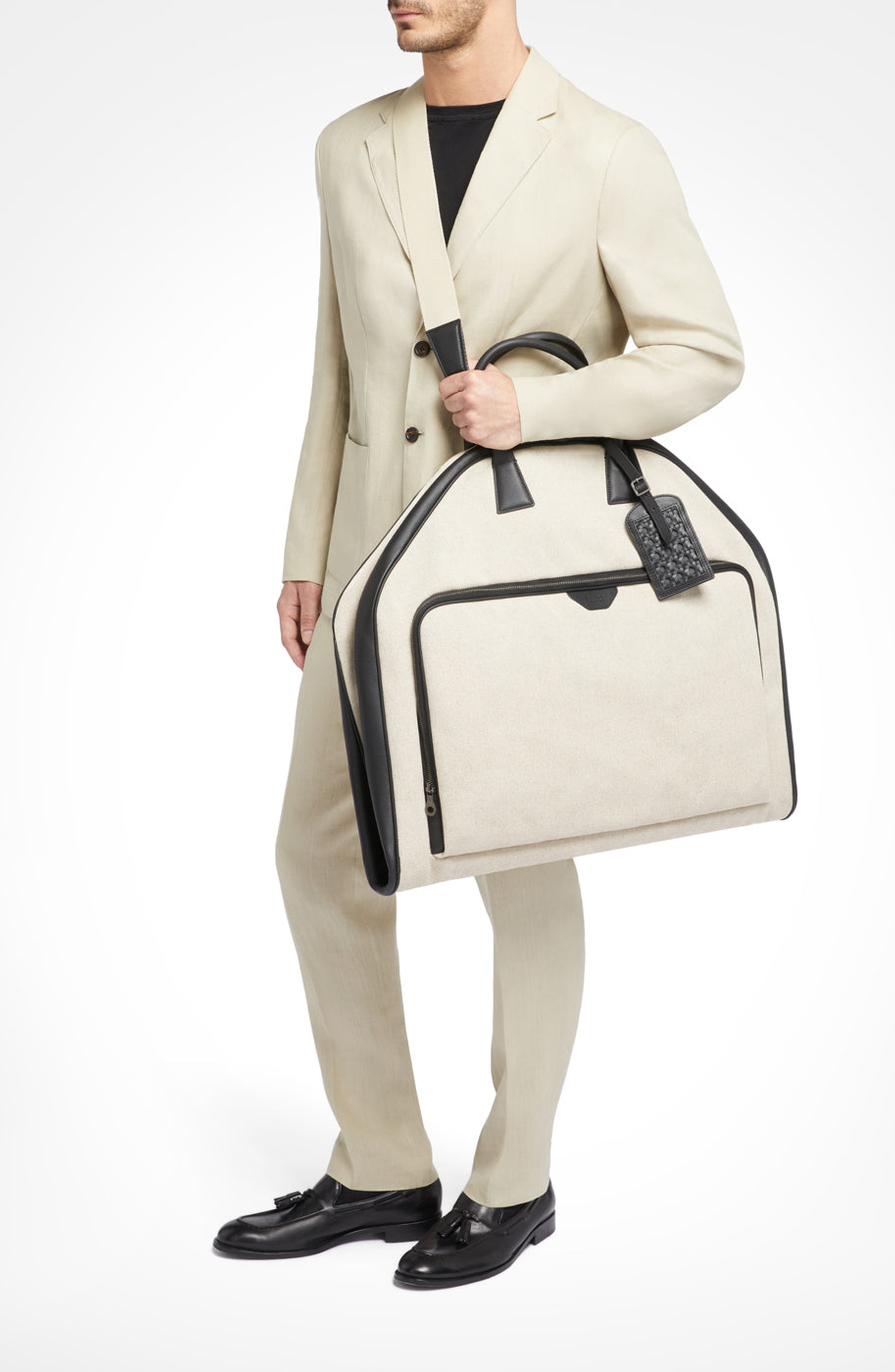 Aviteur Canvas Garment Bag with Leather Trim, Alternate, color, Black