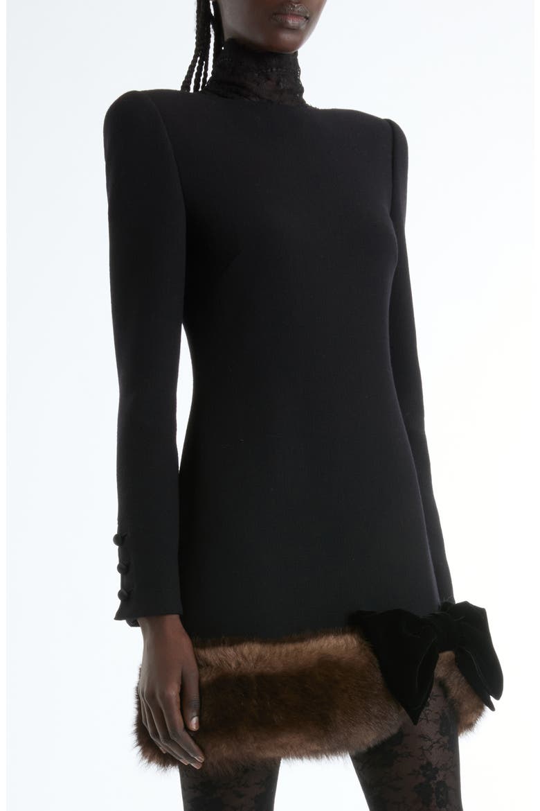 Long Sleeve Wool Crepe Minidress with Genuine Shearling Trim, Alternate, color, BLACK