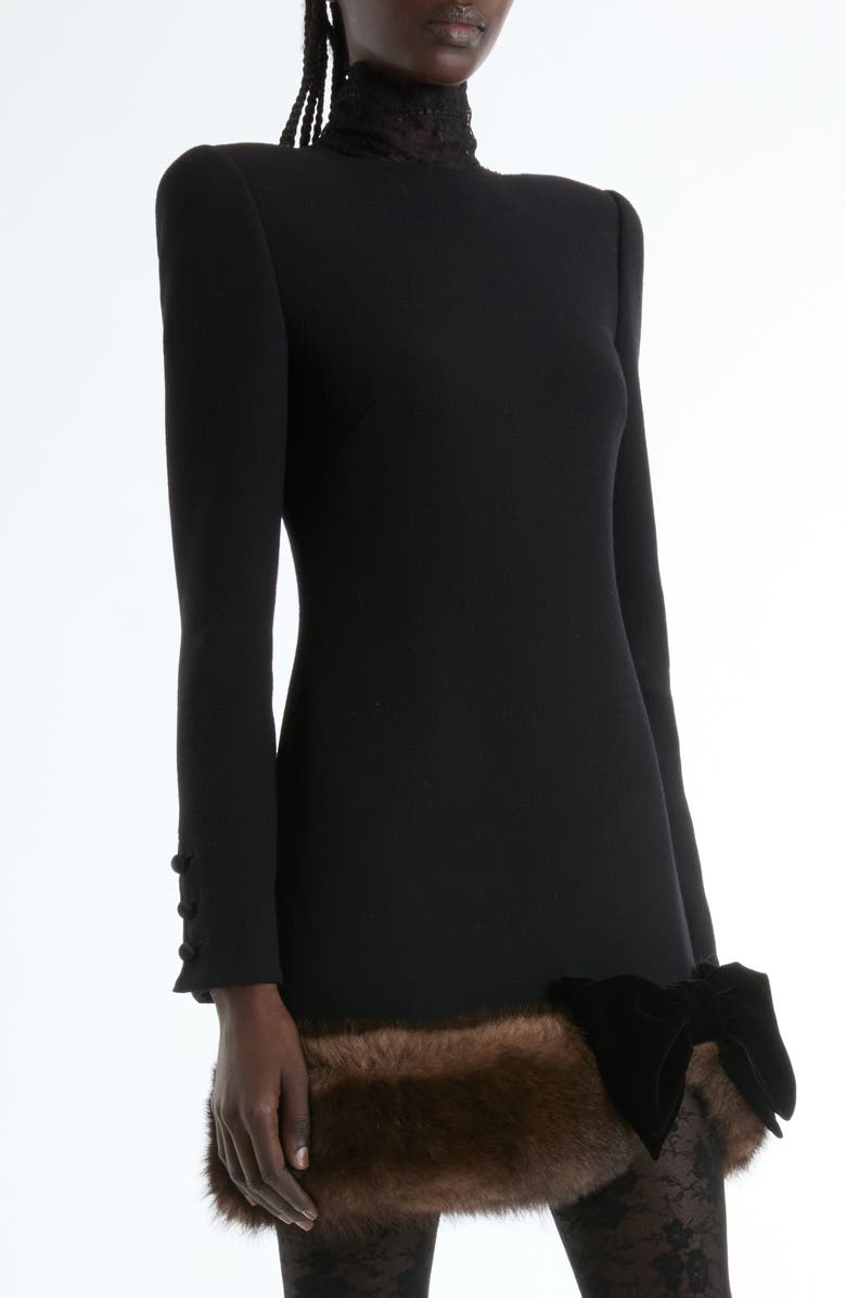 Valentino Long Sleeve Wool Crepe Minidress with Genuine Shearling Trim, Alternate, color, Black