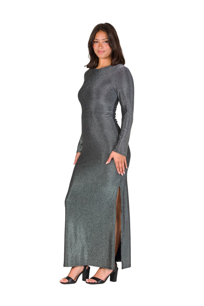 Fitted Long Sleeve Shimmery Fabric Side Slit Maxi Dress, Alternate, color, Silver